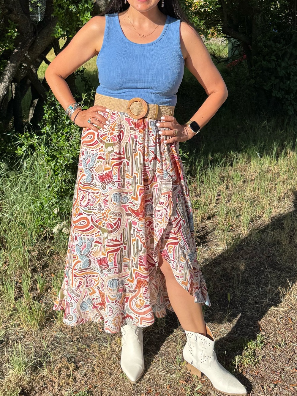 Nostalgia Western Print Skirt + Roxy Ribbed Crop Tank Set | Size Medium